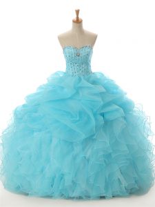 Sweetheart Sleeveless 15 Quinceanera Dress Floor Length Beading and Ruffled Layers Aqua Blue Organza