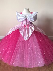 Fuchsia Short Sleeves Floor Length Sequins Zipper Little Girl Pageant Dress