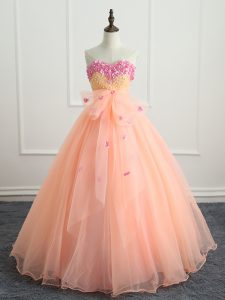 Glorious Peach Ball Gowns Organza Sweetheart Sleeveless Beading and Appliques and Bowknot Floor Length Lace Up Sweet 16 Dresses
