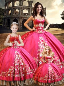 Custom Designed Hot Pink Ball Gowns Sweetheart Sleeveless Taffeta Floor Length Lace Up Beading and Embroidery Sweet 16 Dress