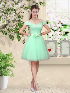 Knee Length Apple Green Damas Dress V-neck Cap Sleeves Lace Up