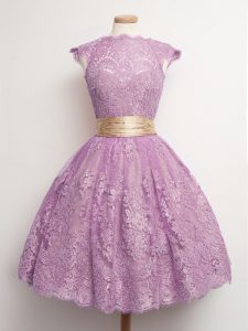 Designer Lilac Ball Gowns High-neck Cap Sleeves Lace Knee Length Lace Up Belt Dama Dress