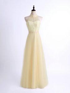 Ideal Light Yellow Tulle Lace Up Quinceanera Dama Dress Sleeveless Floor Length Lace and Appliques