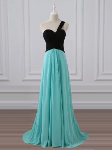 Aqua Blue Sleeveless Chiffon Brush Train Zipper Damas Dress for Prom and Party and Wedding Party