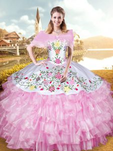 Excellent Rose Pink Sleeveless Floor Length Embroidery and Ruffled Layers Lace Up Quinceanera Dress