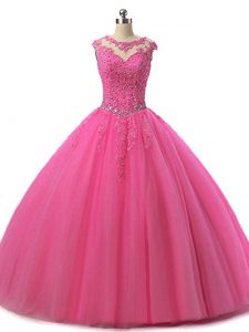 Hot Pink Lace Up 15th Birthday Dress Beading and Lace Sleeveless Floor Length