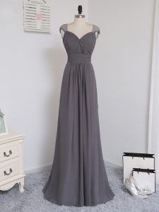 Chiffon Straps Cap Sleeves Brush Train Zipper Lace and Ruching Quinceanera Dama Dress in Grey