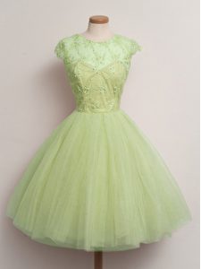 Ball Gowns Quinceanera Court of Honor Dress Yellow Green Scoop Tulle Cap Sleeves Knee Length Lace Up