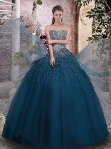 Inexpensive Teal Tulle Lace Up Quinceanera Gown Sleeveless Floor Length Beading