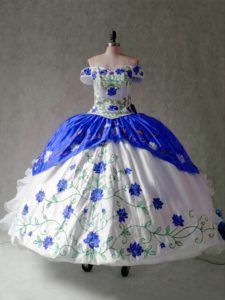Sweet Floor Length Lace Up Quinceanera Dress Blue And White for Military Ball and Sweet 16 and Quinceanera with Embroidery and Ruffles