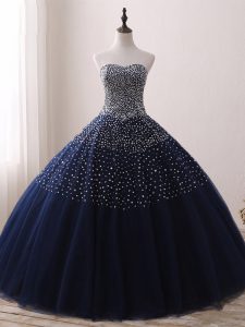 Floor Length Navy Blue Quinceanera Dress Tulle Sleeveless Beading