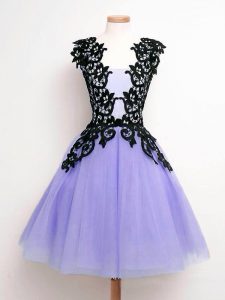 Sleeveless Tulle Knee Length Lace Up Quinceanera Dama Dress in Lavender with Lace