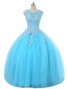 Custom Fit Aqua Blue Ball Gowns Tulle Scoop Sleeveless Appliques Floor Length Lace Up 15 Quinceanera Dress