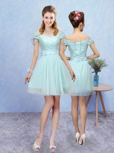 Romantic Short Sleeves Lace Up Mini Length Lace Quinceanera Court of Honor Dress