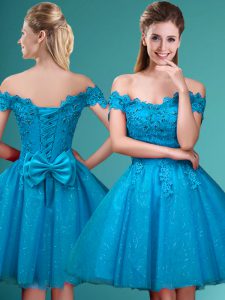 Custom Designed Knee Length Aqua Blue Dama Dress Off The Shoulder Cap Sleeves Lace Up