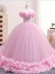 Edgy Baby Pink Tulle Lace Up Quinceanera Dresses Sleeveless Brush Train Hand Made Flower