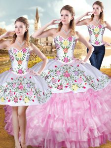 Classical Rose Pink Sleeveless Embroidery and Ruffled Layers Floor Length Quinceanera Dress