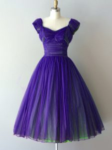 Spectacular Purple Cap Sleeves Ruching Knee Length Court Dresses for Sweet 16