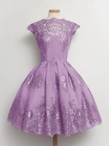 Charming Lace Damas Dress Lavender Lace Up Cap Sleeves Knee Length