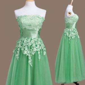 Free and Easy Green Tulle Lace Up Strapless Sleeveless Tea Length Damas Dress Appliques