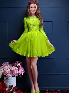 Scalloped 3 4 Length Sleeve Quinceanera Court of Honor Dress Mini Length Beading and Lace and Appliques Yellow Green Chiffon