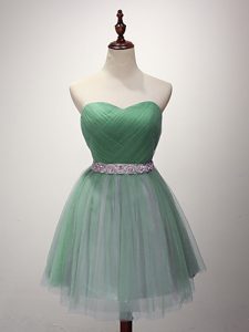 Sleeveless Tulle Mini Length Lace Up Dama Dress in Green with Beading and Ruching