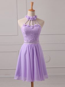 Lavender Sleeveless Chiffon Lace Up Dama Dress for Prom and Party and Wedding Party