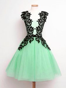 High Quality Apple Green A-line Lace Quinceanera Dama Dress Lace Up Tulle Sleeveless Knee Length