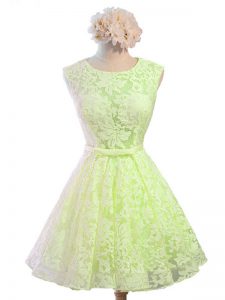 Yellow Green Lace Up Vestidos de Damas Belt Sleeveless Knee Length