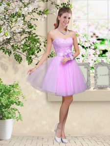 Pretty Lavender Sweetheart Neckline Lace and Belt Vestidos de Damas Sleeveless Lace Up