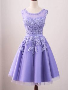 Enchanting Lavender A-line Tulle Scoop Sleeveless Lace Knee Length Lace Up Vestidos de Damas