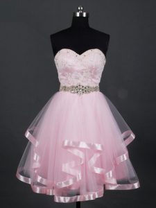 Best Selling Baby Pink Sleeveless Beading and Lace and Ruffles Mini Length Vestidos de Damas