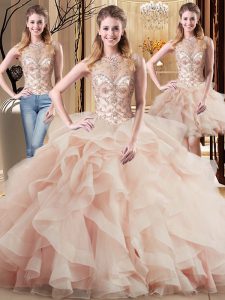 Fancy Scoop Sleeveless Sweet 16 Quinceanera Dress Brush Train Beading and Ruffles Peach Tulle