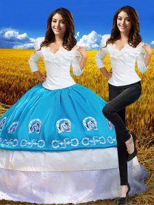 Cute Off The Shoulder 3 4 Length Sleeve 15th Birthday Dress Floor Length Embroidery Blue And White Taffeta