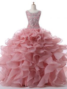 On Sale Sleeveless Organza Floor Length Zipper Sweet 16 Quinceanera Dress in Pink with Beading and Ruffles