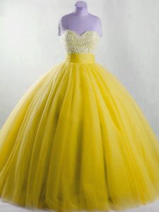 Sophisticated Sleeveless Tulle Floor Length Lace Up Quince Ball Gowns in Yellow with Beading