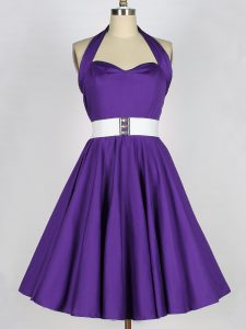 Purple A-line Taffeta Halter Top Sleeveless Ruching Knee Length Zipper Court Dresses for Sweet 16