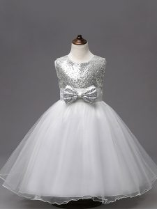 Wonderful Tea Length White Child Pageant Dress Tulle Sleeveless Sequins and Bowknot