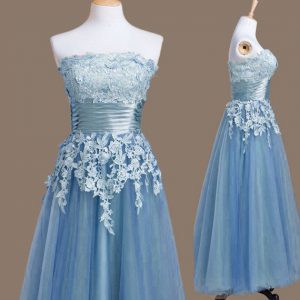 Blue Sleeveless Tulle Lace Up Vestidos de Damas for Prom and Party and Wedding Party