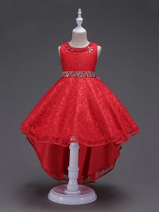 Affordable Red Sleeveless Beading High Low Pageant Gowns For Girls