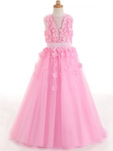 Rose Pink Zipper Scoop Appliques and Bowknot Kids Pageant Dress Tulle Sleeveless