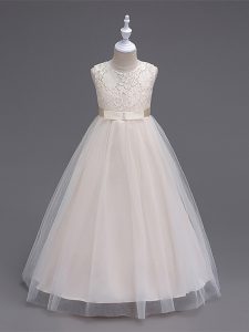 Beauteous Floor Length Champagne Kids Formal Wear Tulle Sleeveless Lace