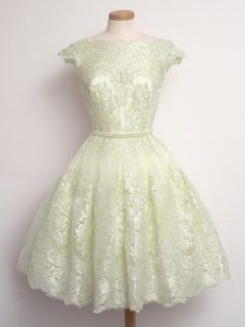 Unique Light Yellow Lace Up Quinceanera Dama Dress Lace Cap Sleeves Knee Length