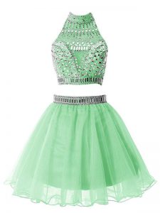 Captivating Apple Green Halter Top Neckline Beading Quinceanera Court of Honor Dress Sleeveless Zipper