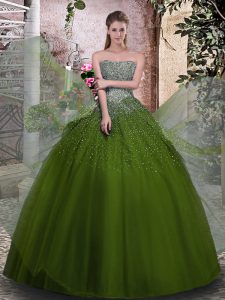 Olive Green Tulle Lace Up Sweet 16 Dresses Sleeveless Floor Length Beading