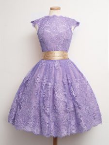 Trendy Cap Sleeves Knee Length Belt Lace Up Dama Dress for Quinceanera with Lavender