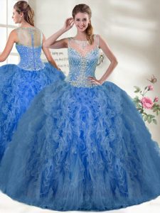 Blue Scoop Neckline Beading and Ruffles Vestidos de Quinceanera Sleeveless Zipper