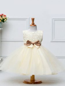 Tulle Scoop Sleeveless Zipper Lace and Bowknot Glitz Pageant Dress in Champagne