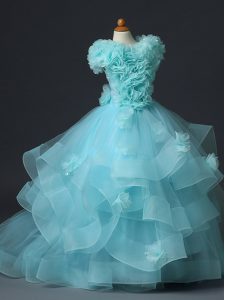 Hot Selling Aqua Blue Tulle Lace Up High-neck Sleeveless Floor Length Little Girls Pageant Gowns Ruffles and Hand Made Flower