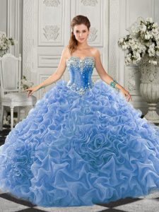 Nice Sleeveless Beading and Ruffles Lace Up Quinceanera Dresses with Light Blue Court Train